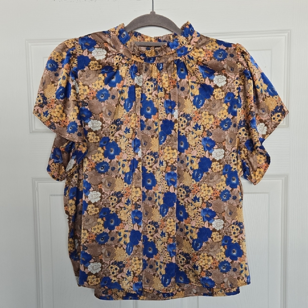 THML Floral Blouse - Blue and Tan Medium